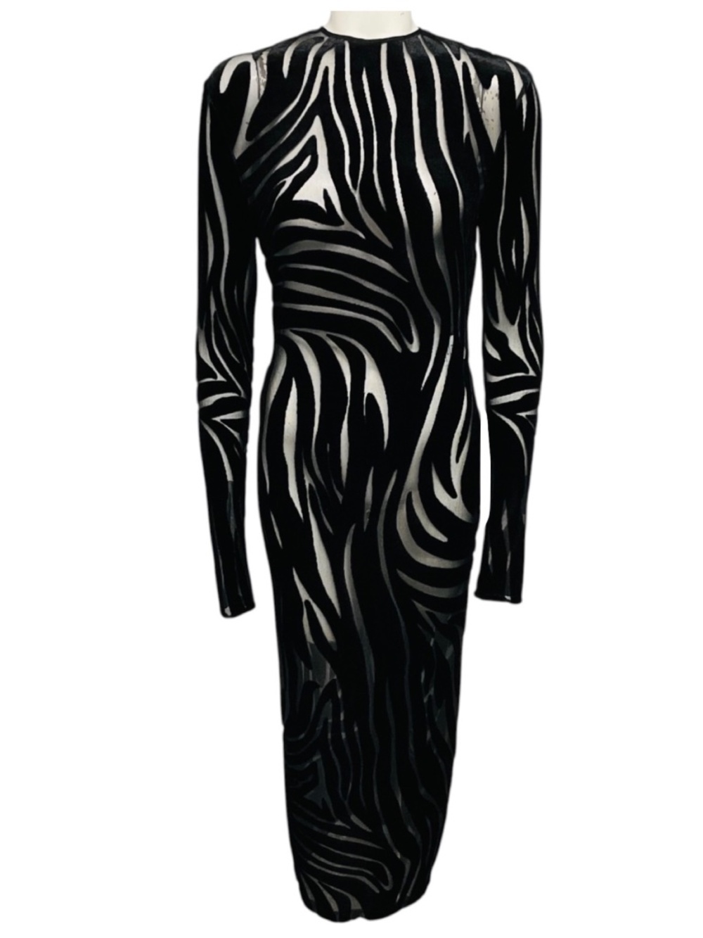 VERSACE BLACK JERSEY VELOUR JACQUARD ZEBRA MIDI DRESS